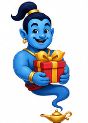 Genie mascot with gift