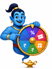 Genie mascot with prize wheel